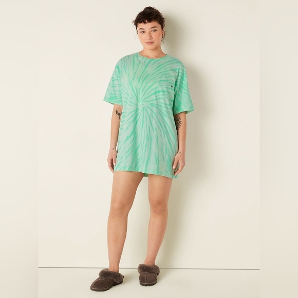 VS PINK Green Teal Ice Tie Dye Short Sleeve PJ Cotton Pajama Sleep Dress M/L NEW - Picture 3 of 9